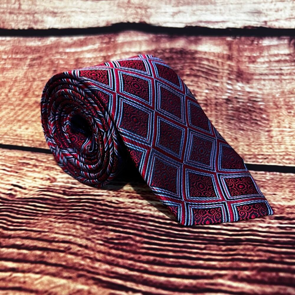 Jos A Bank 100% Silk Skinny Tie 58x3 Red Black Blue Plaid Paisley Abstract NWT
